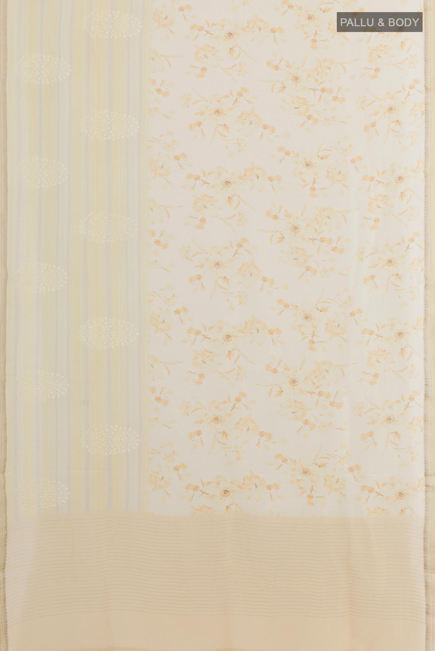 Flat view of Off White Linen Saree with Floral Print on the body and Zari Border. 