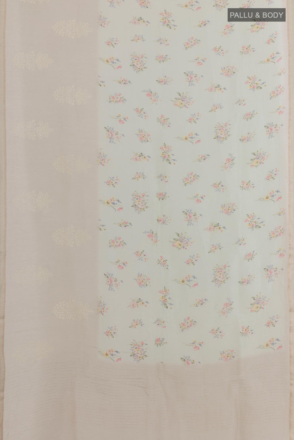 Flat view of Off White Linen Saree with Floral Print on the body and Zari Border. 