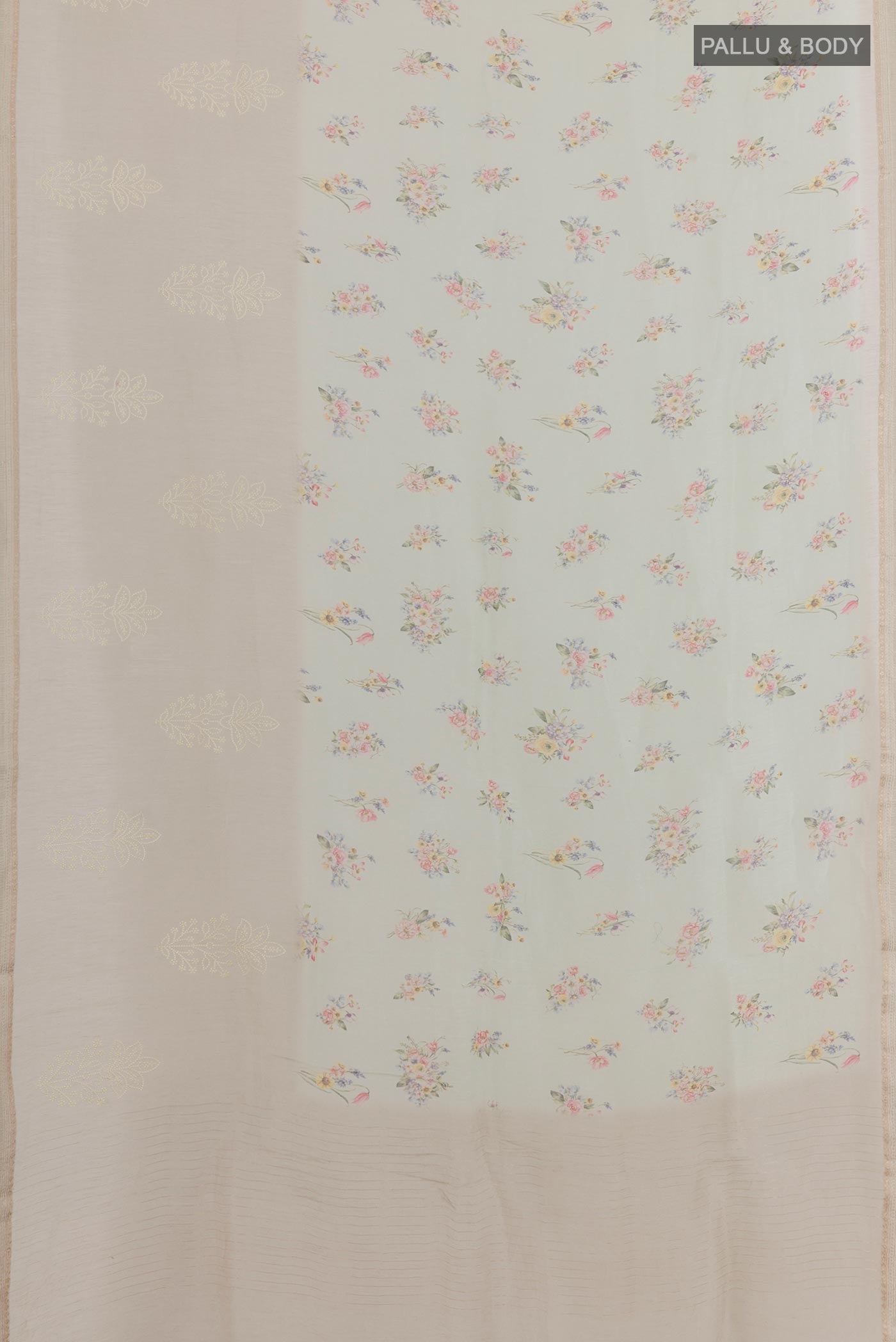 Flat view of Off White Linen Saree with Floral Print on the body and Zari Border. 