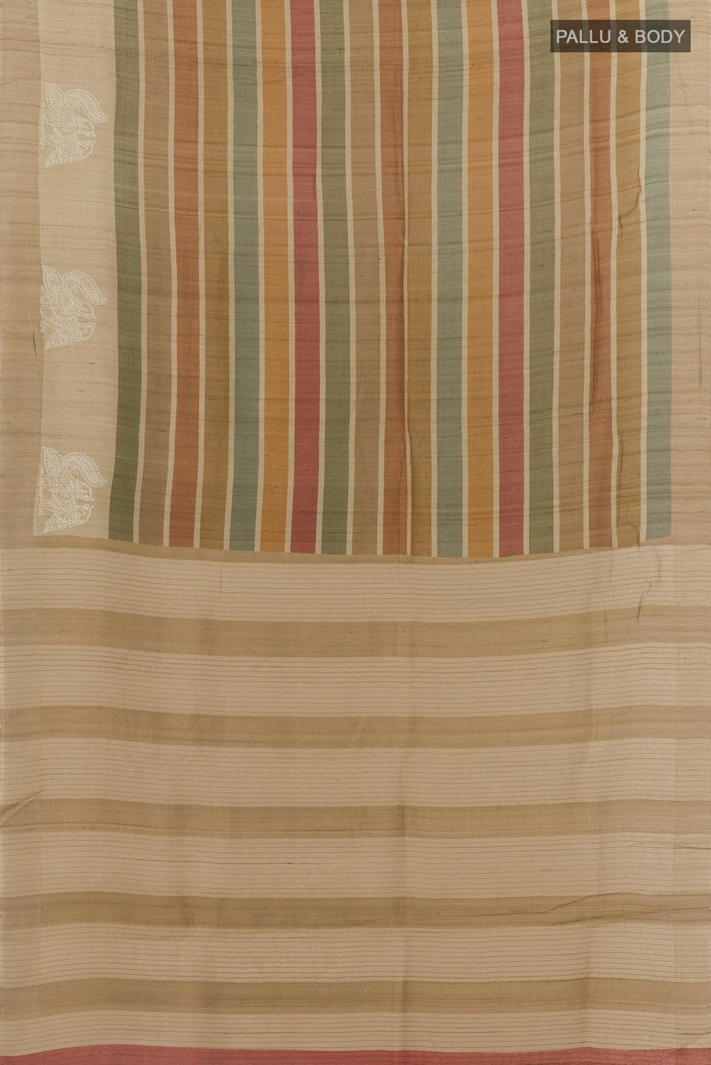 Flat view of Multi Color Tussar Silk Saree with Printed design on the body and Zari Border. 