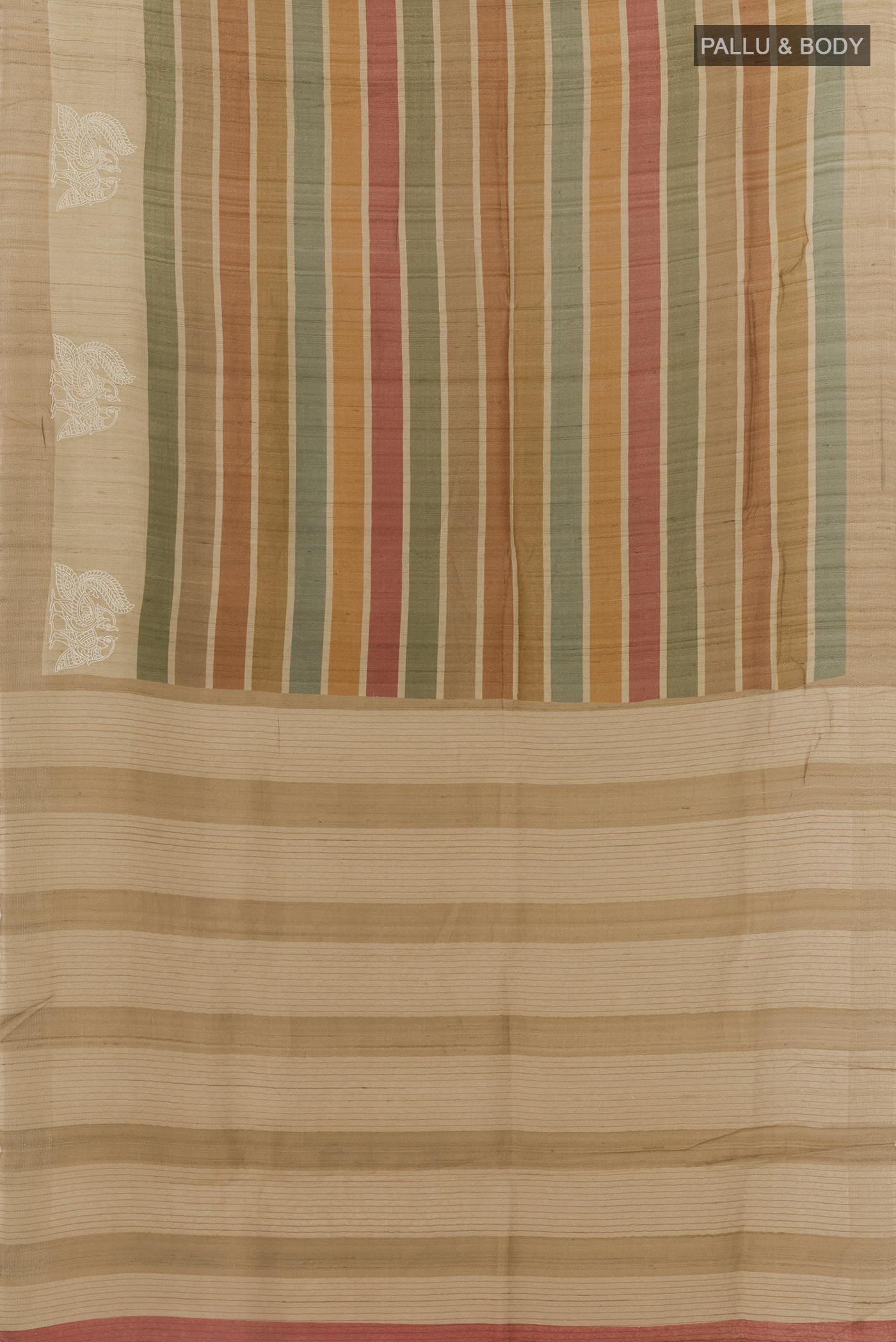 Flat view of Multi Color Tussar Silk Saree with Printed design on the body and Zari Border. 