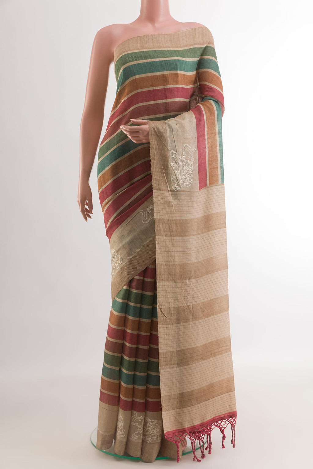 Multi Color Tussar Silk Saree with Stripes on the body and Embroidery Border.  displayed on a mannequin