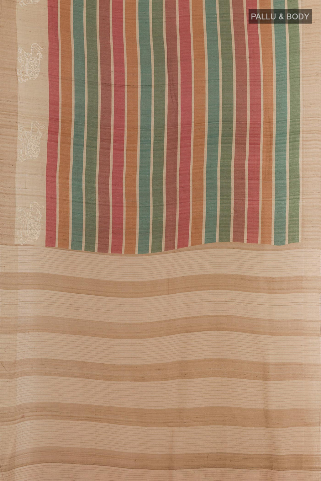 Flat view of Multi Color Tussar Silk Saree with Stripes on the body and Embroidery Border. 