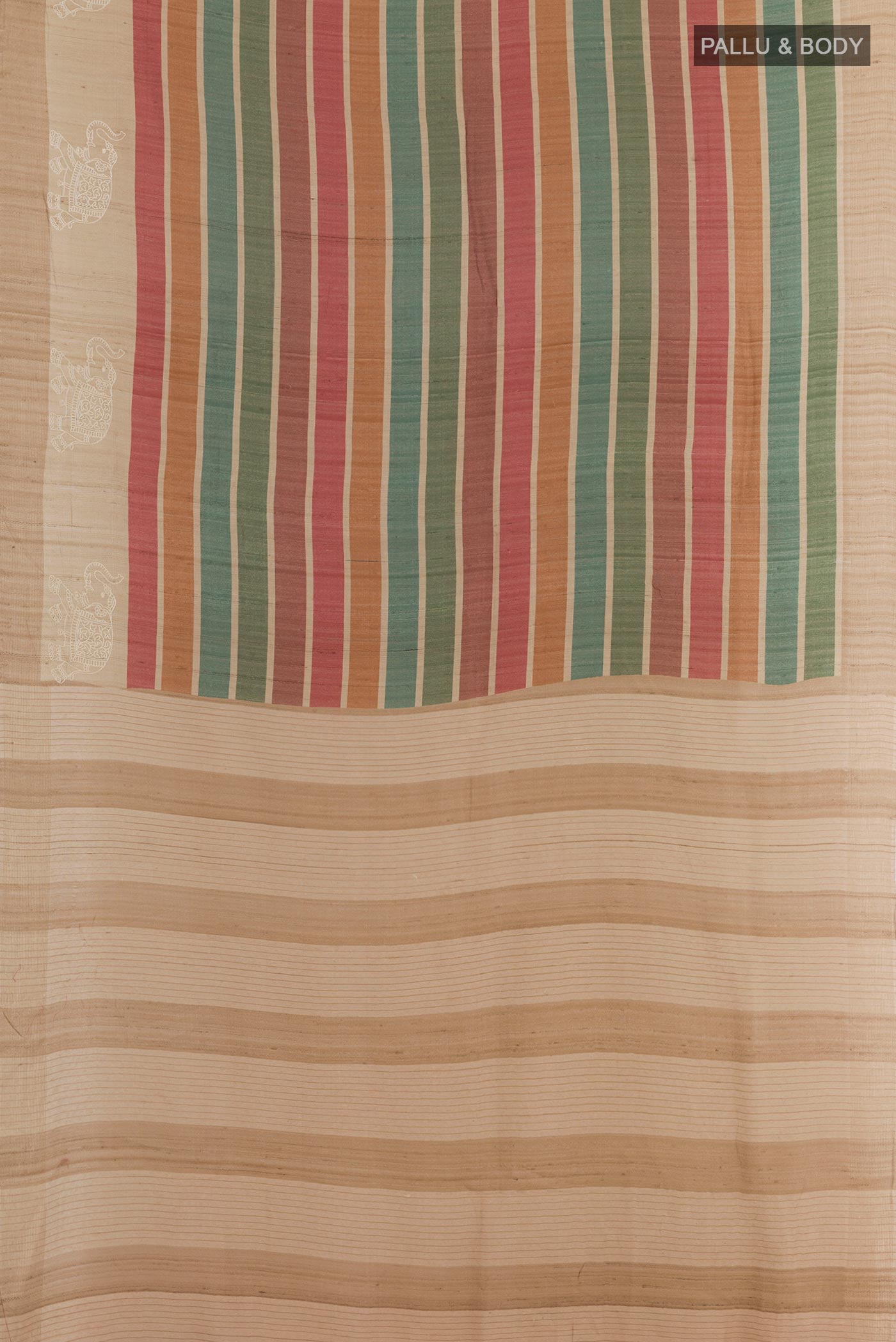 Flat view of Multi Color Tussar Silk Saree with Stripes on the body and Embroidery Border. 