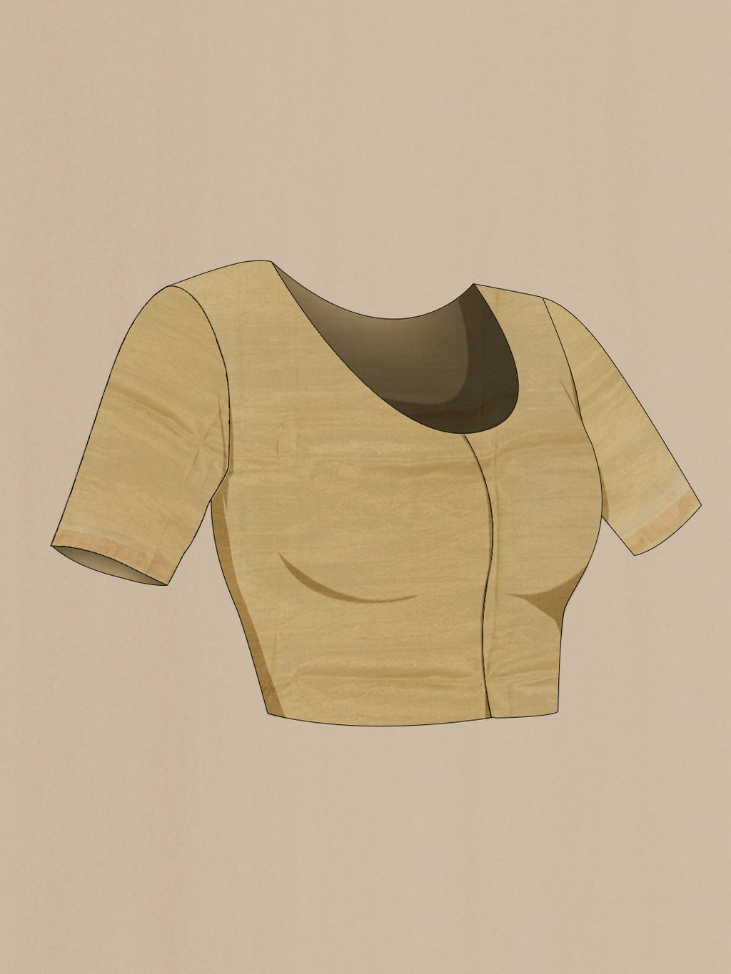 Close up image of the blouse of Beige Tussar Silk Saree with Printed design on the body and Zari Border. 