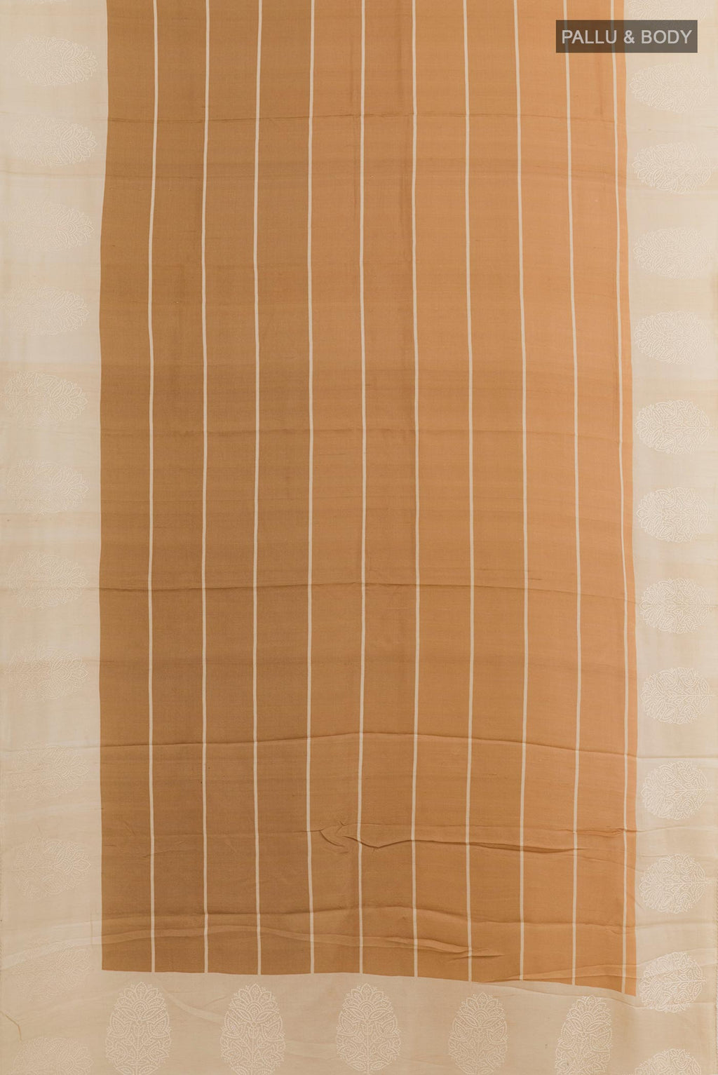 Flat view of Sandal Tussar Silk Saree with Stripes on the body and Embroidery Border. 