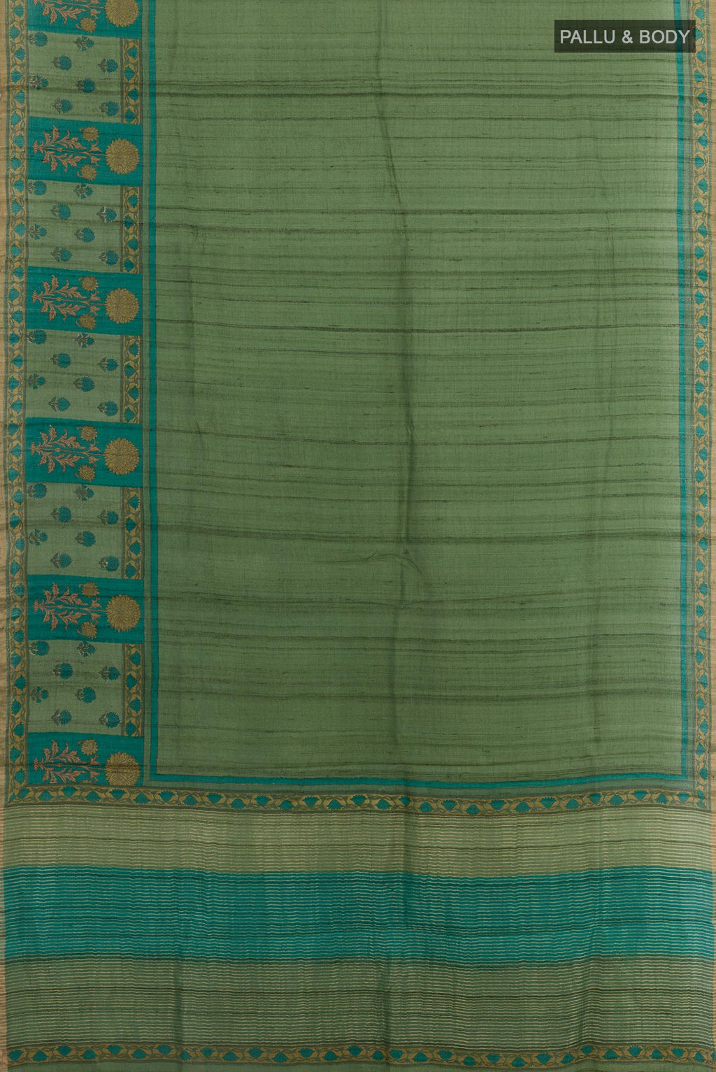 Flat view of Green Tussar Silk Saree with Plain Body and Printed Border. 