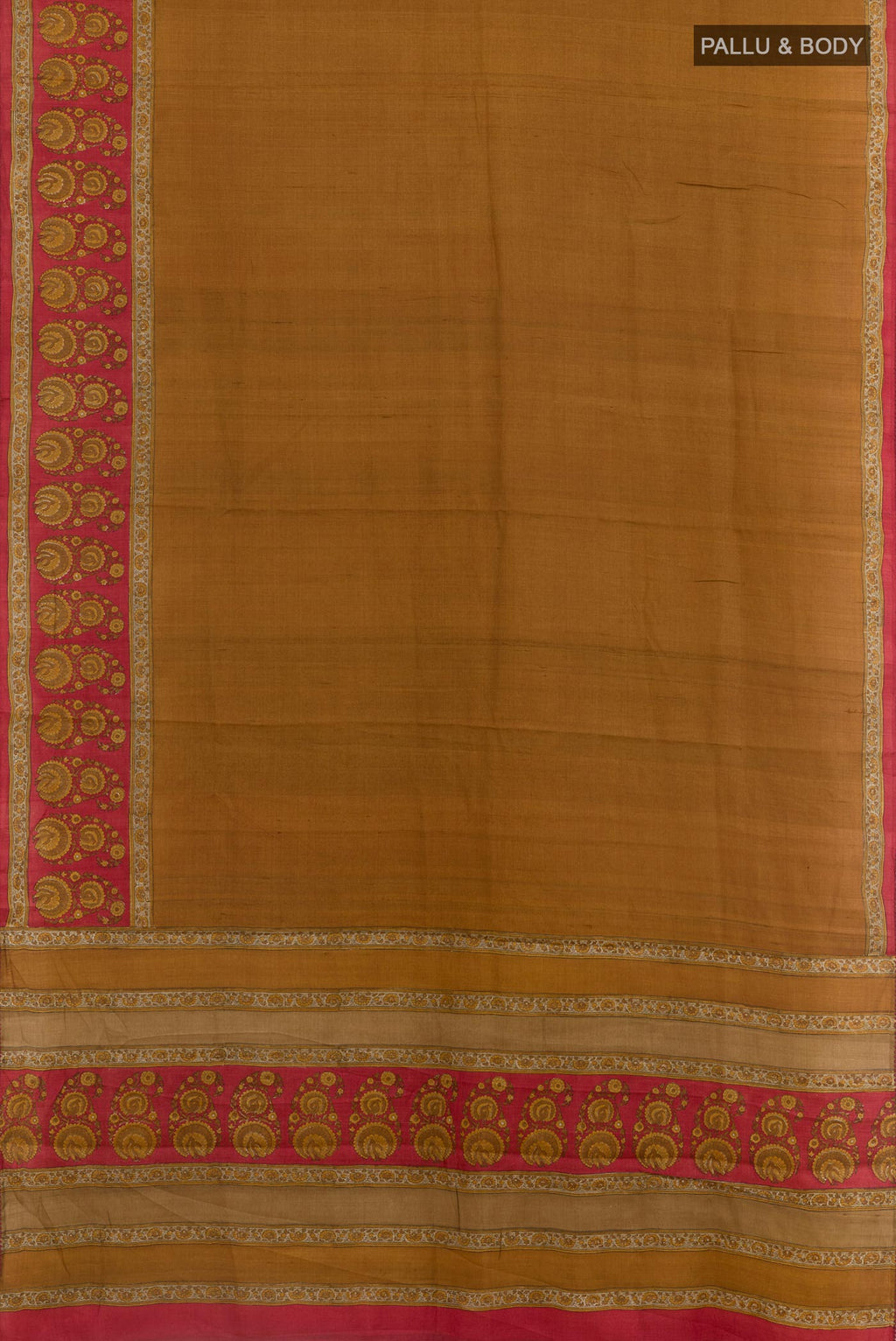 Flat view of Mustard Tussar Silk Saree with Plain Body and Printed Border. 