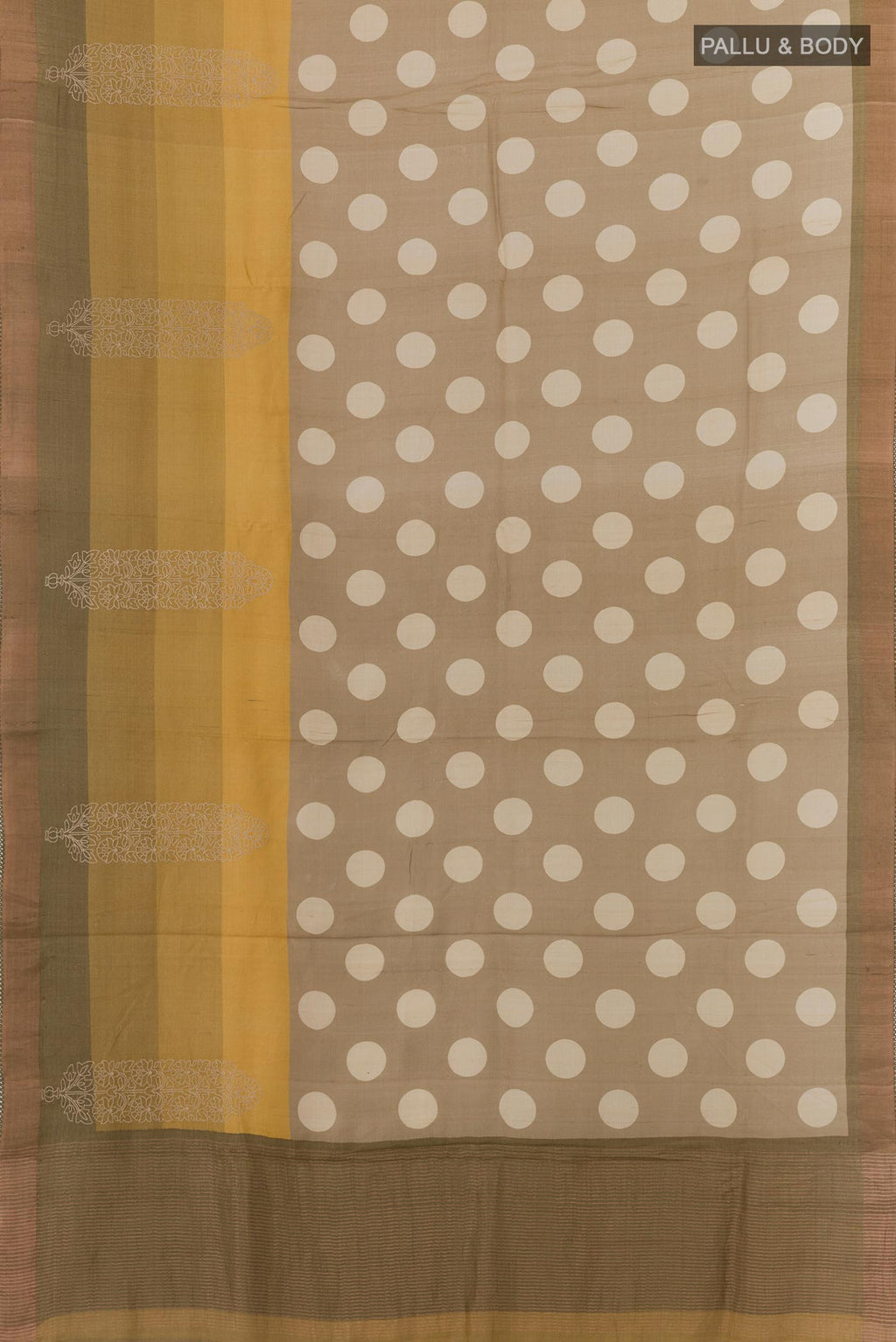 Flat view of Grey Tussar Silk Saree with Printed design on the body and Embroidery Border. 