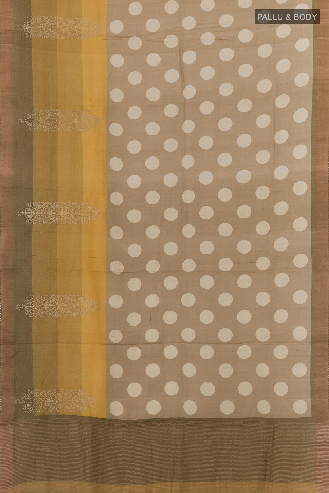 Flat view of Grey Tussar Silk Saree with Printed design on the body and Embroidery Border. 