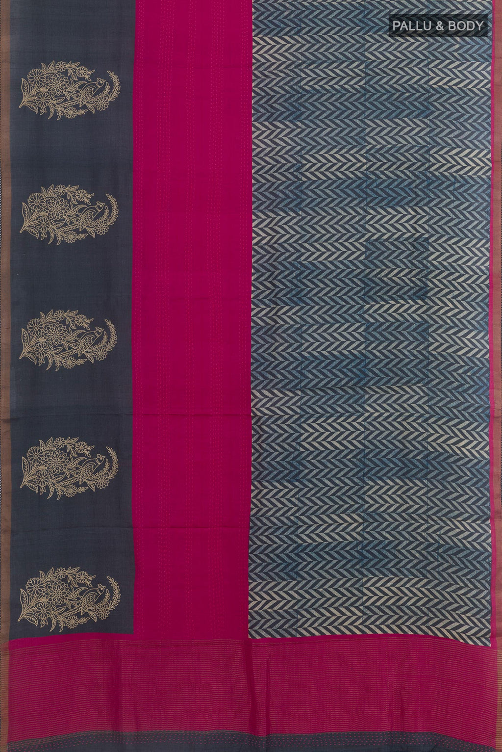 Flat view of Navy Blue Tussar Silk Saree with Printed design on the body and Zari Border. 