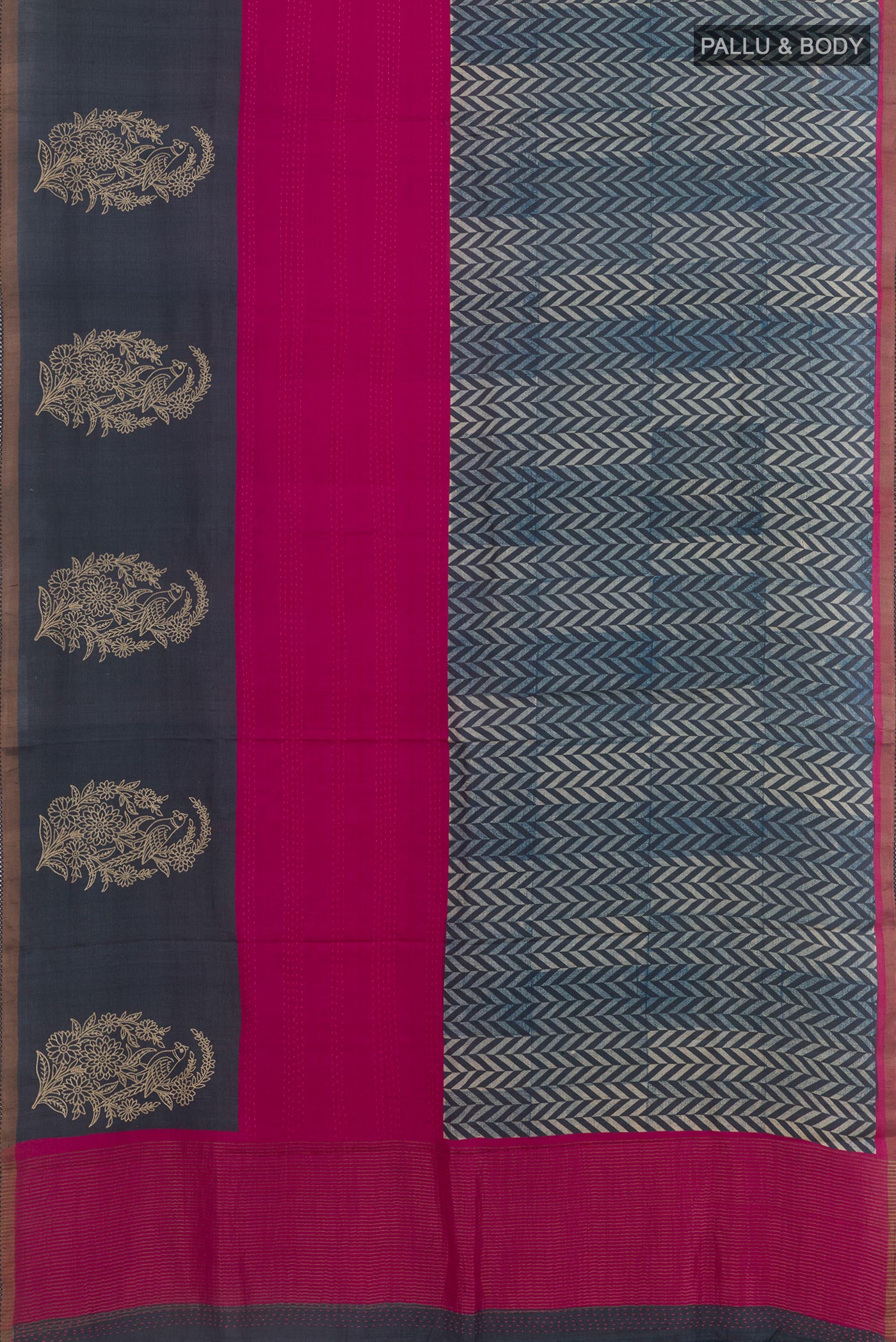 Flat view of Navy Blue Tussar Silk Saree with Printed design on the body and Zari Border. 