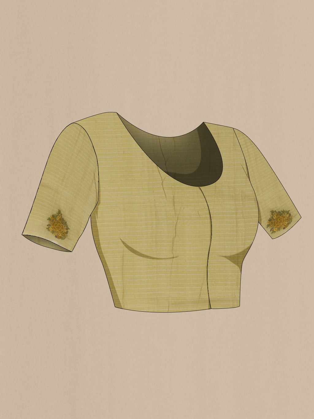 Close up image of the blouse of Green Tussar Silk Saree with Checked design on the body and Embroidery Border. 