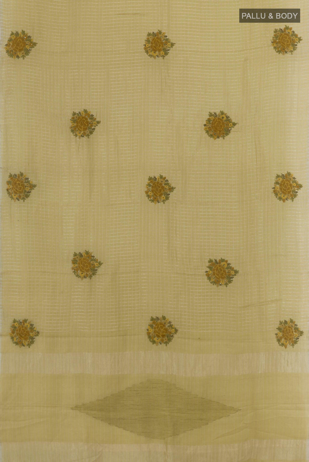 Flat view of Green Tussar Silk Saree with Checked design on the body and Embroidery Border. 