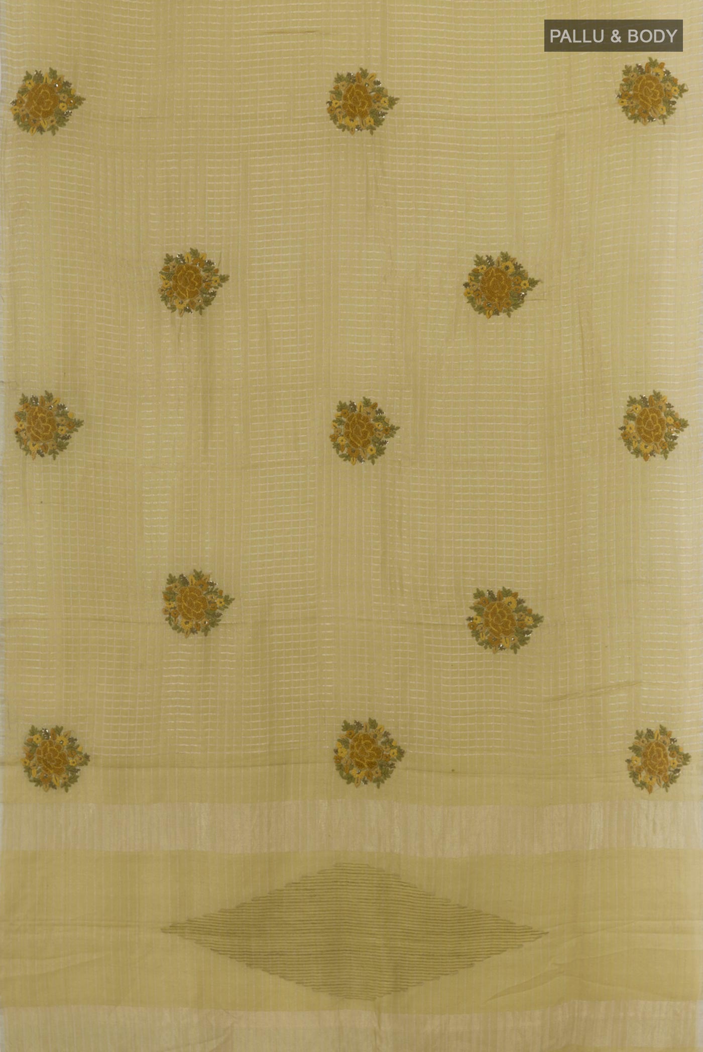 Flat view of Green Tussar Silk Saree with Checked design on the body and Embroidery Border. 