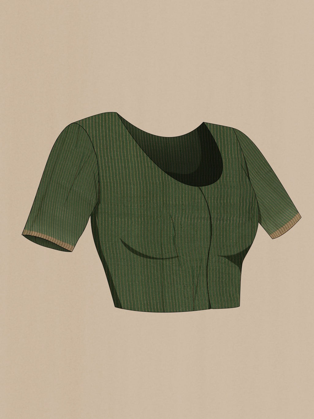Close up image of the blouse of Green Tussar Silk Saree with Printed design on the body and Zari Border. 
