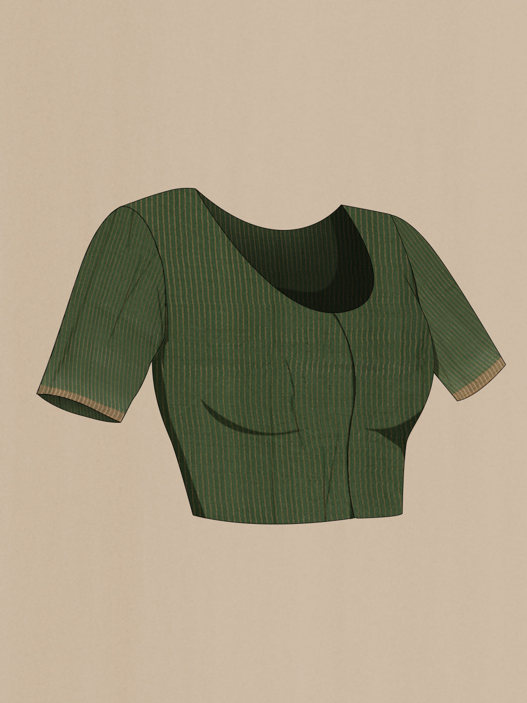 Close up image of the blouse of Green Tussar Silk Saree with Printed design on the body and Zari Border. 