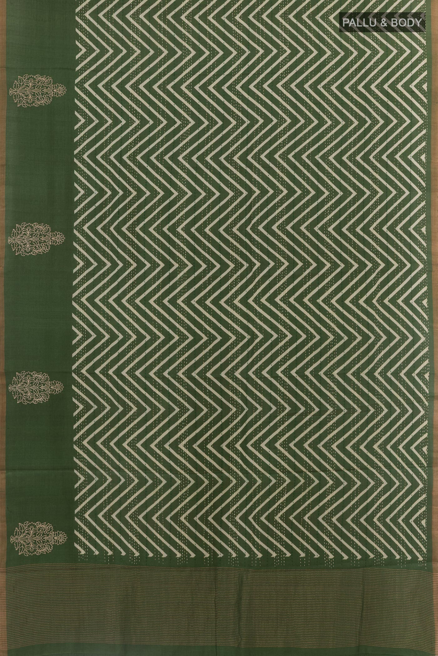 Flat view of Green Tussar Silk Saree with Printed design on the body and Zari Border. 