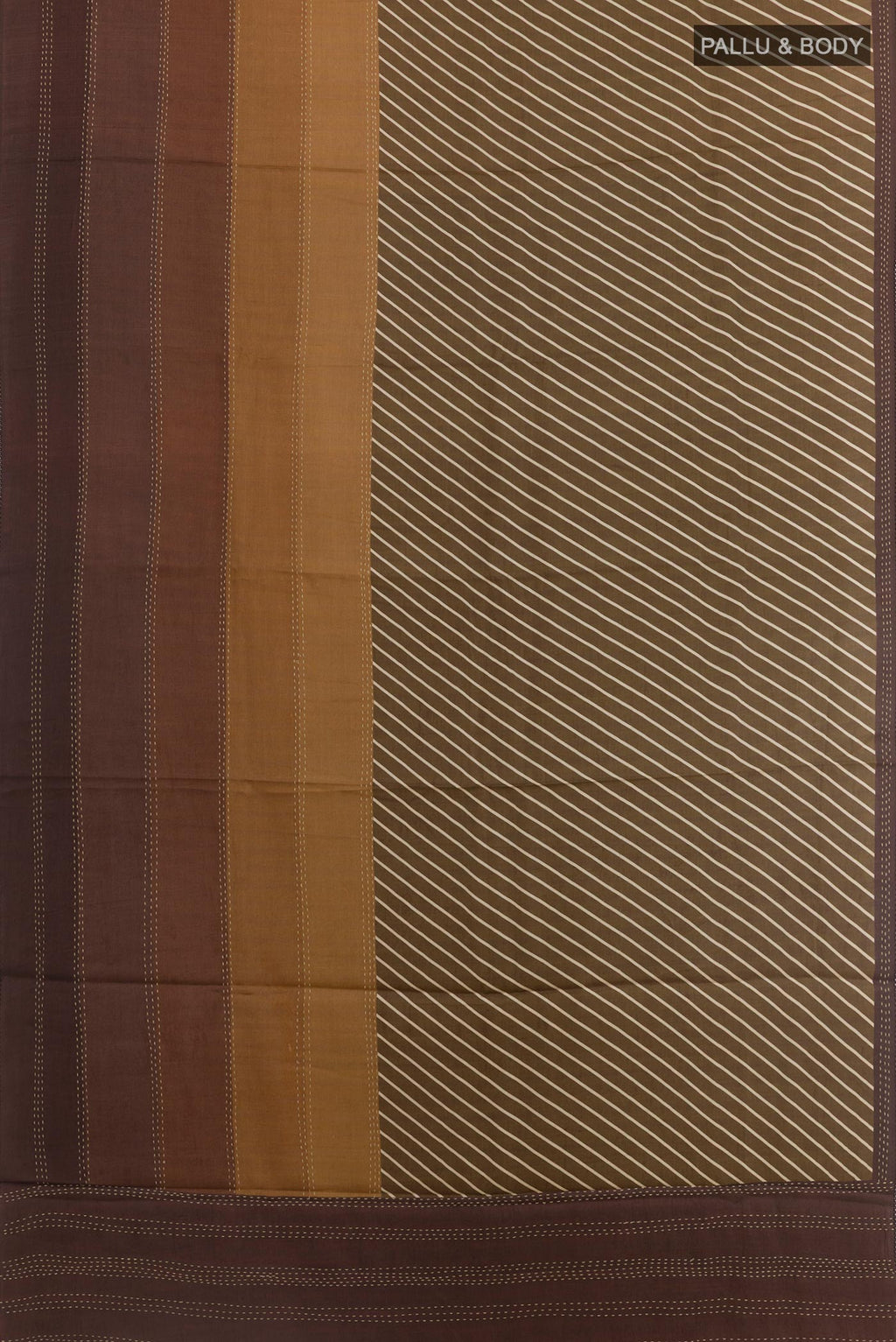 Flat view of Brown Tussar Silk Saree with Printed design on the body and Zari Border. 