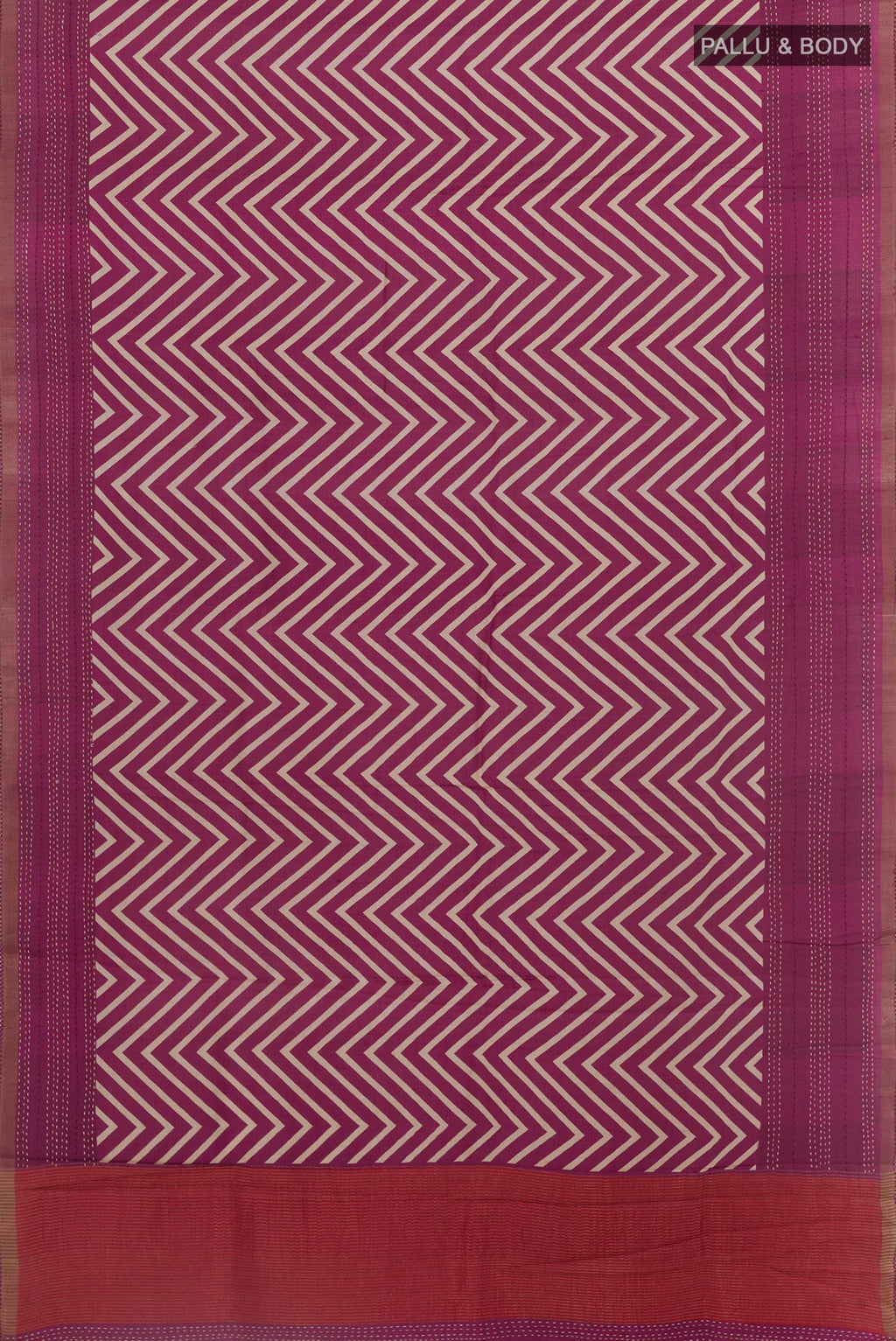 Flat view of Purple Tussar Silk Saree with Printed design on the body and Zari Border. 
