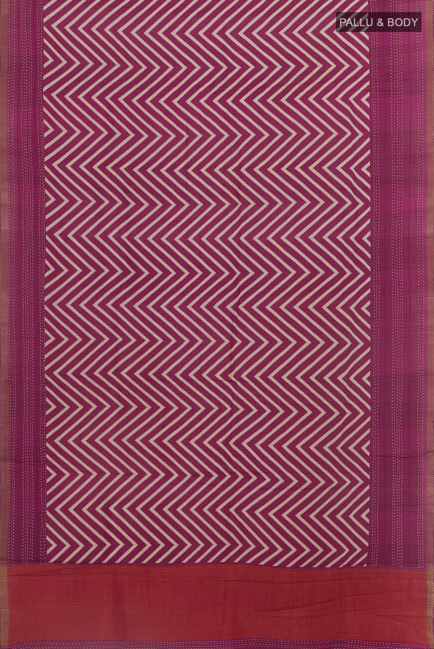Flat view of Purple Tussar Silk Saree with Printed design on the body and Zari Border. 