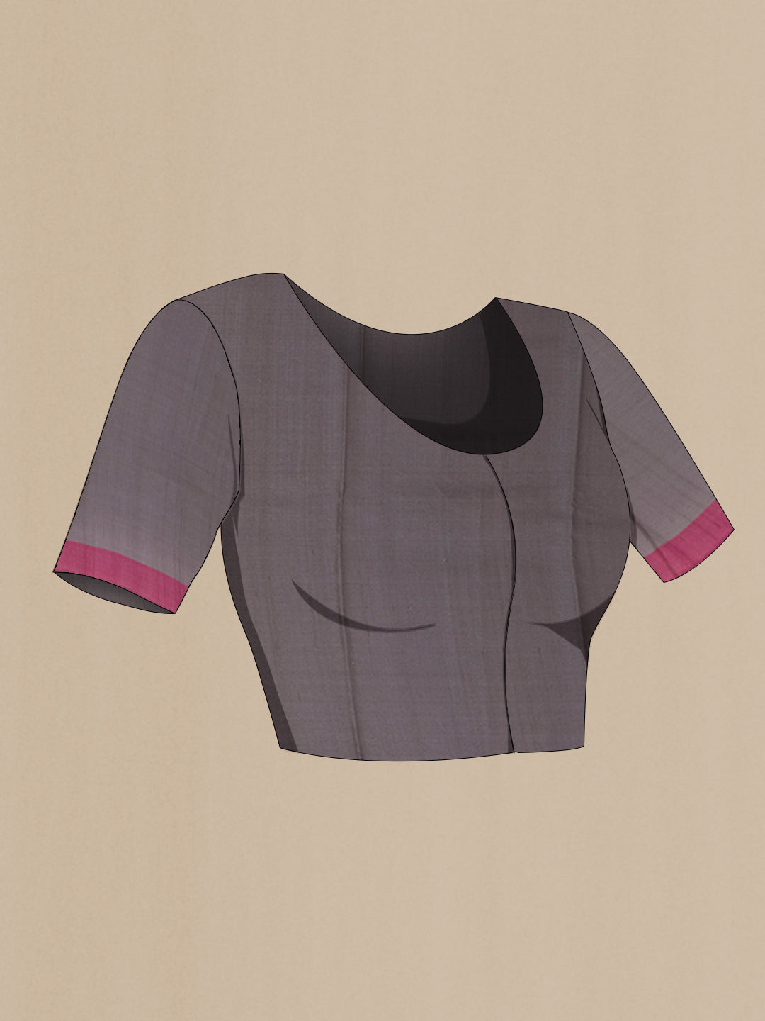 Close up image of the blouse of Magenta Tussar Silk Saree with Plain Body and Zari Border. 