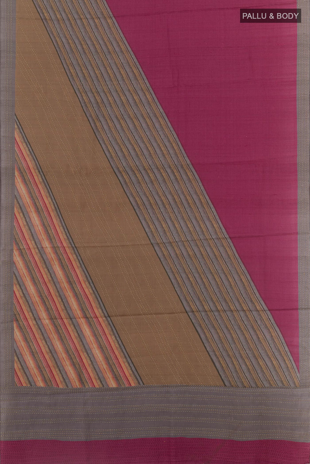 Flat view of Magenta Tussar Silk Saree with Plain Body and Zari Border. 