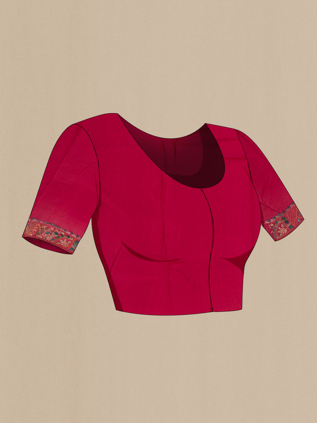 Close up image of the blouse of Red Tussar Silk Saree with Embroidery on the body and Embroidery Border. 