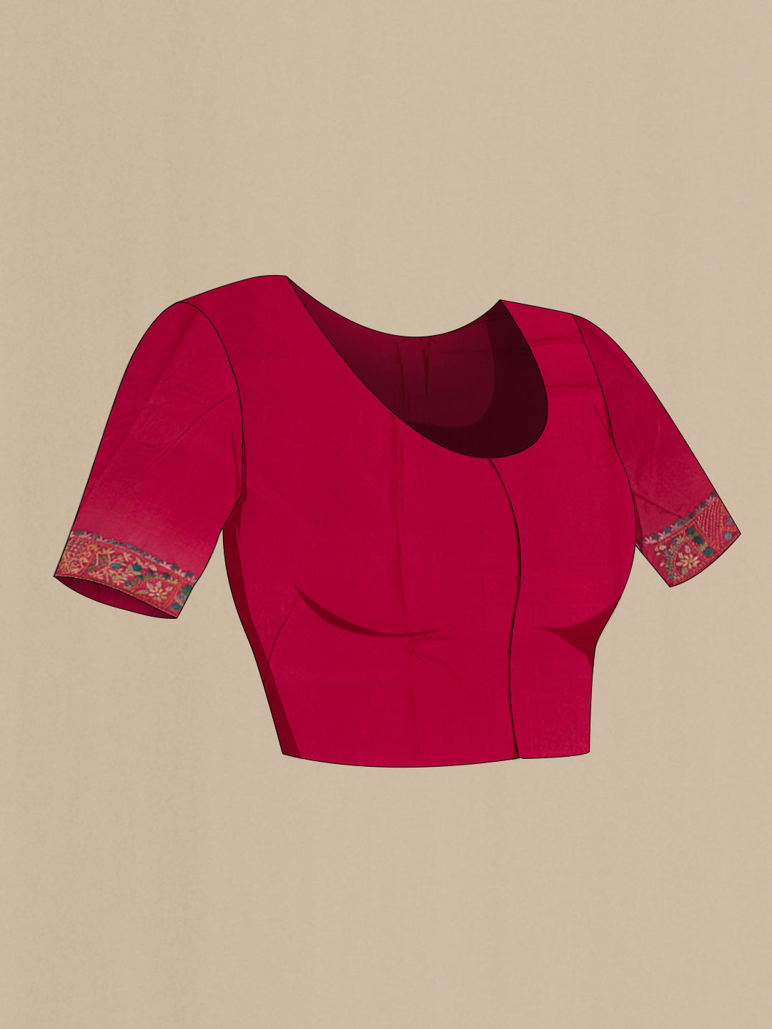 Close up image of the blouse of Red Tussar Silk Saree with Embroidery on the body and Embroidery Border. 
