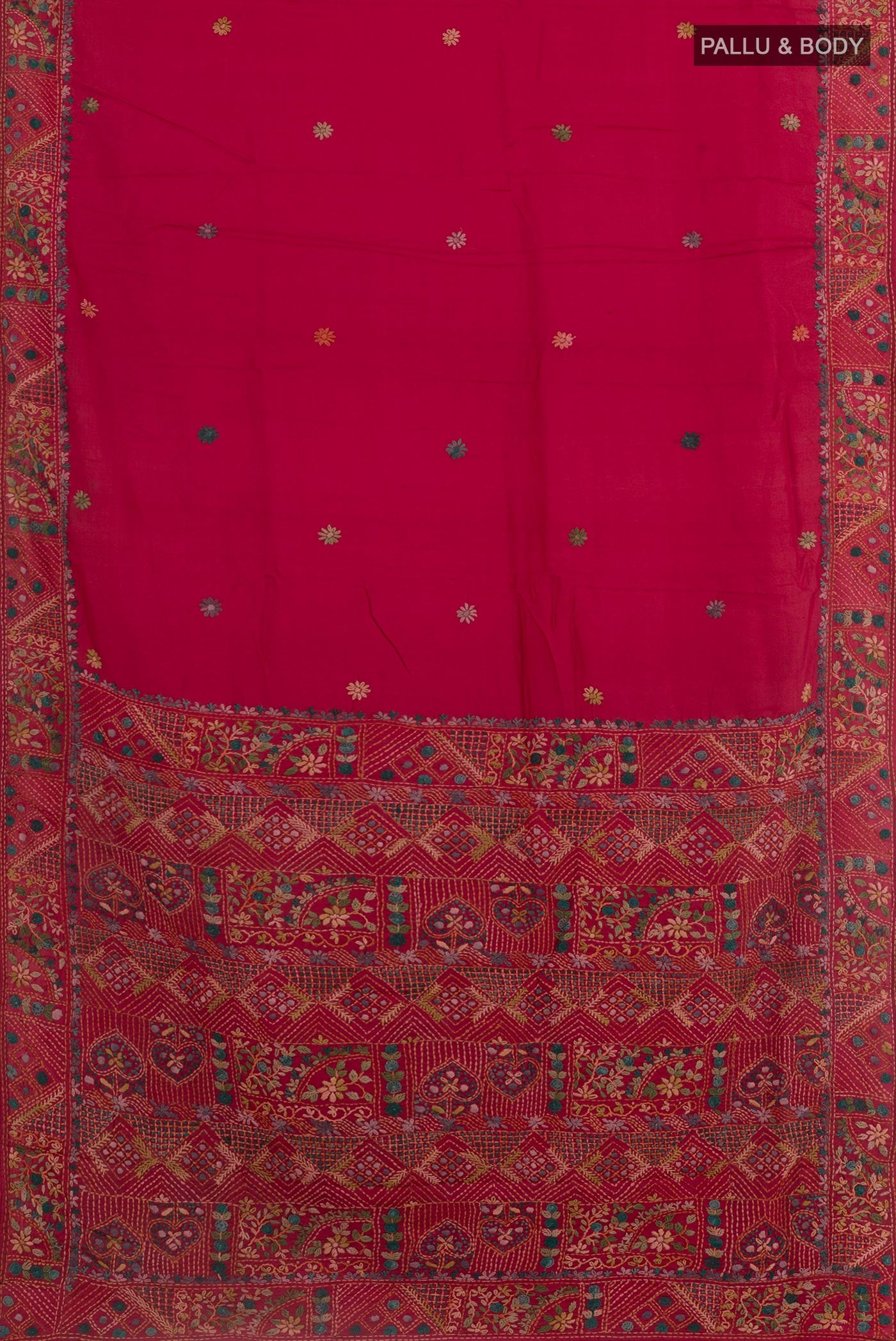 Flat view of Red Tussar Silk Saree with Embroidery on the body and Embroidery Border. 