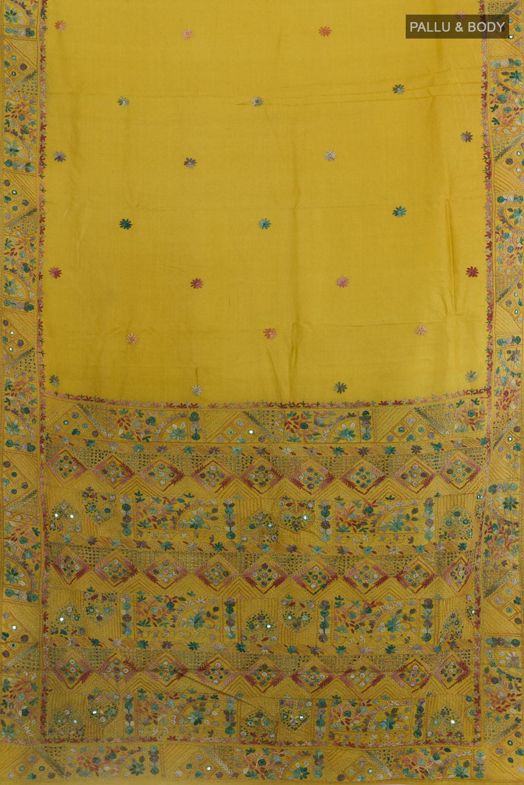 Flat view of Green Tussar Silk Saree with Embroidery on the body and Embroidery Border. 