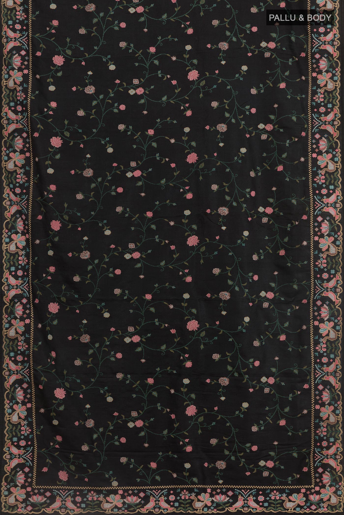 Flat view of Black Tussar Silk Saree with Embroidery on the body and Embroidery Border. 
