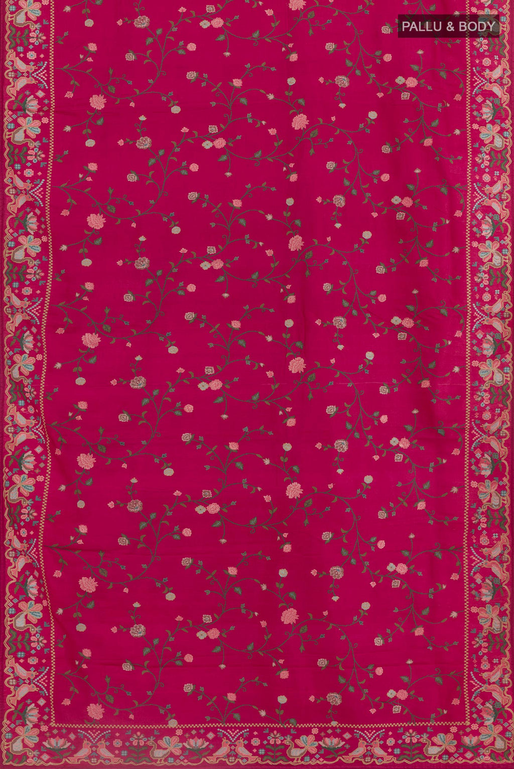Flat view of Magenta Tussar Silk Saree with Embroidery on the body and Embroidery Border. 