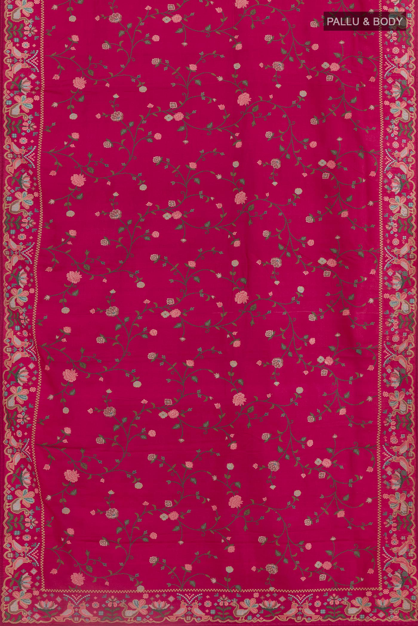Flat view of Magenta Tussar Silk Saree with Embroidery on the body and Embroidery Border. 