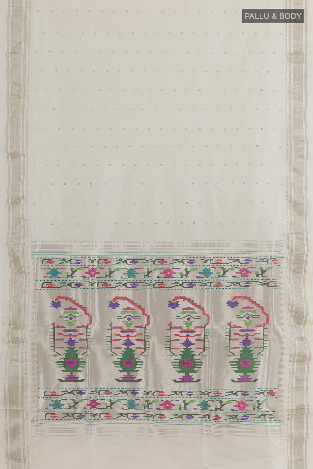 Flat view of White Paithani Silk Saree with Zari Butta on the body and Zari Border. 