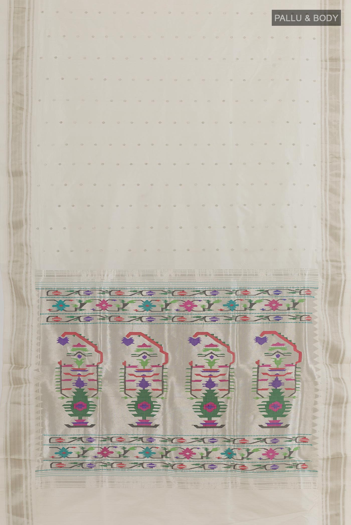 Flat view of White Paithani Silk Saree with Zari Butta on the body and Zari Border. 