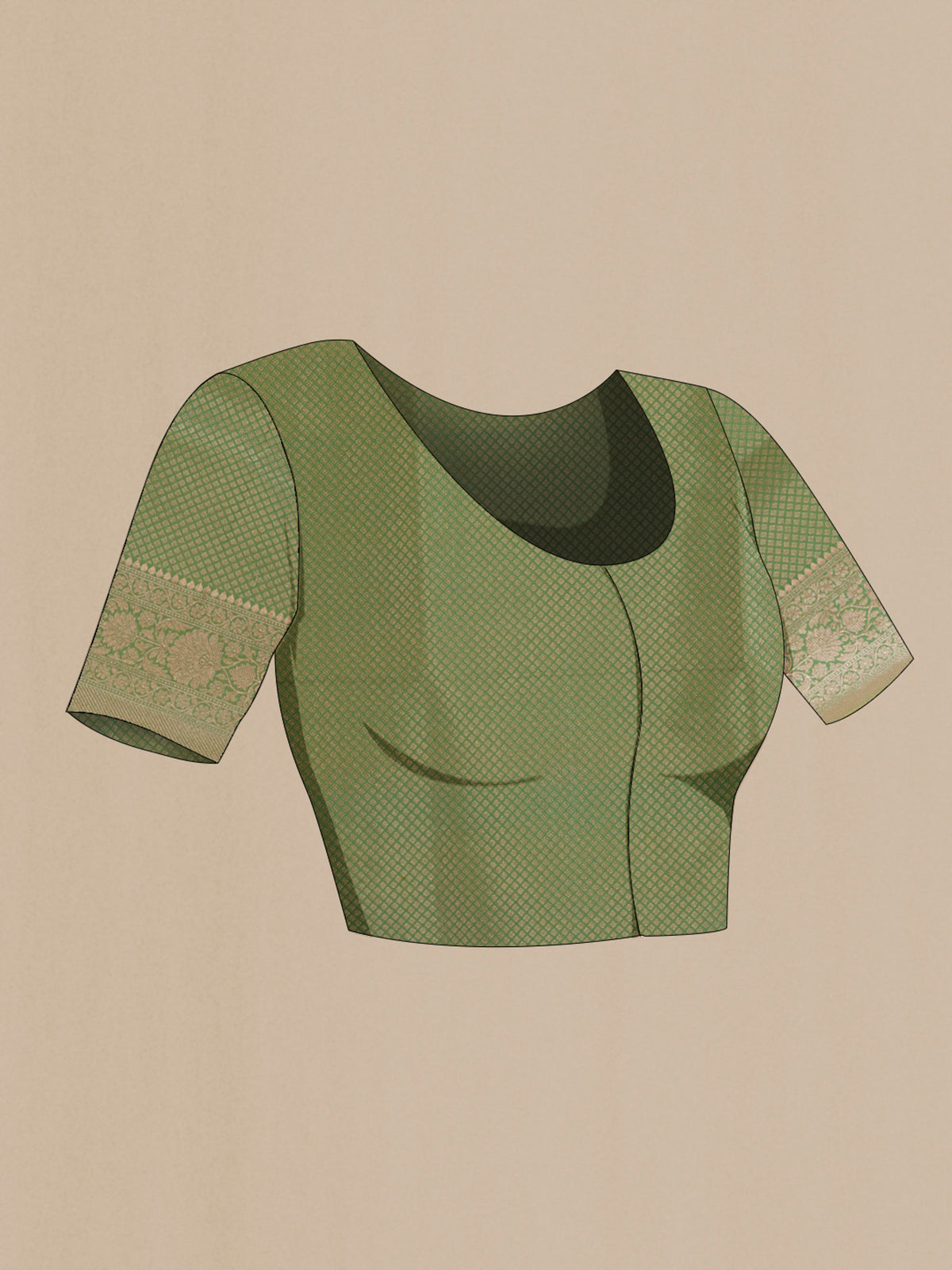 Close up image of the blouse of Pure Silk Light Green Banarasi Saree with Zari Butta on the body and Zari Border. 