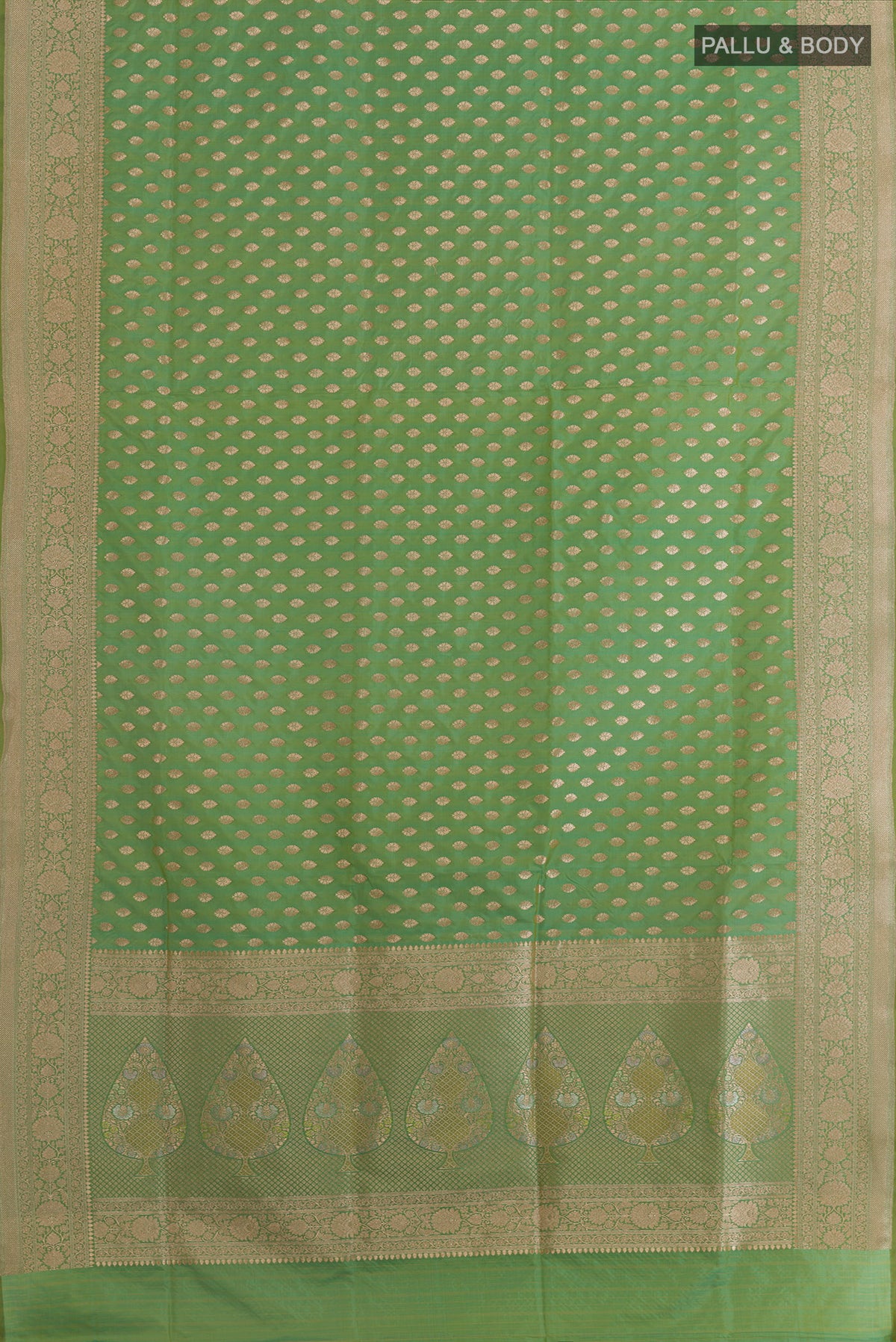 Flat view of Pure Silk Light Green Banarasi Saree with Zari Butta on the body and Zari Border. 