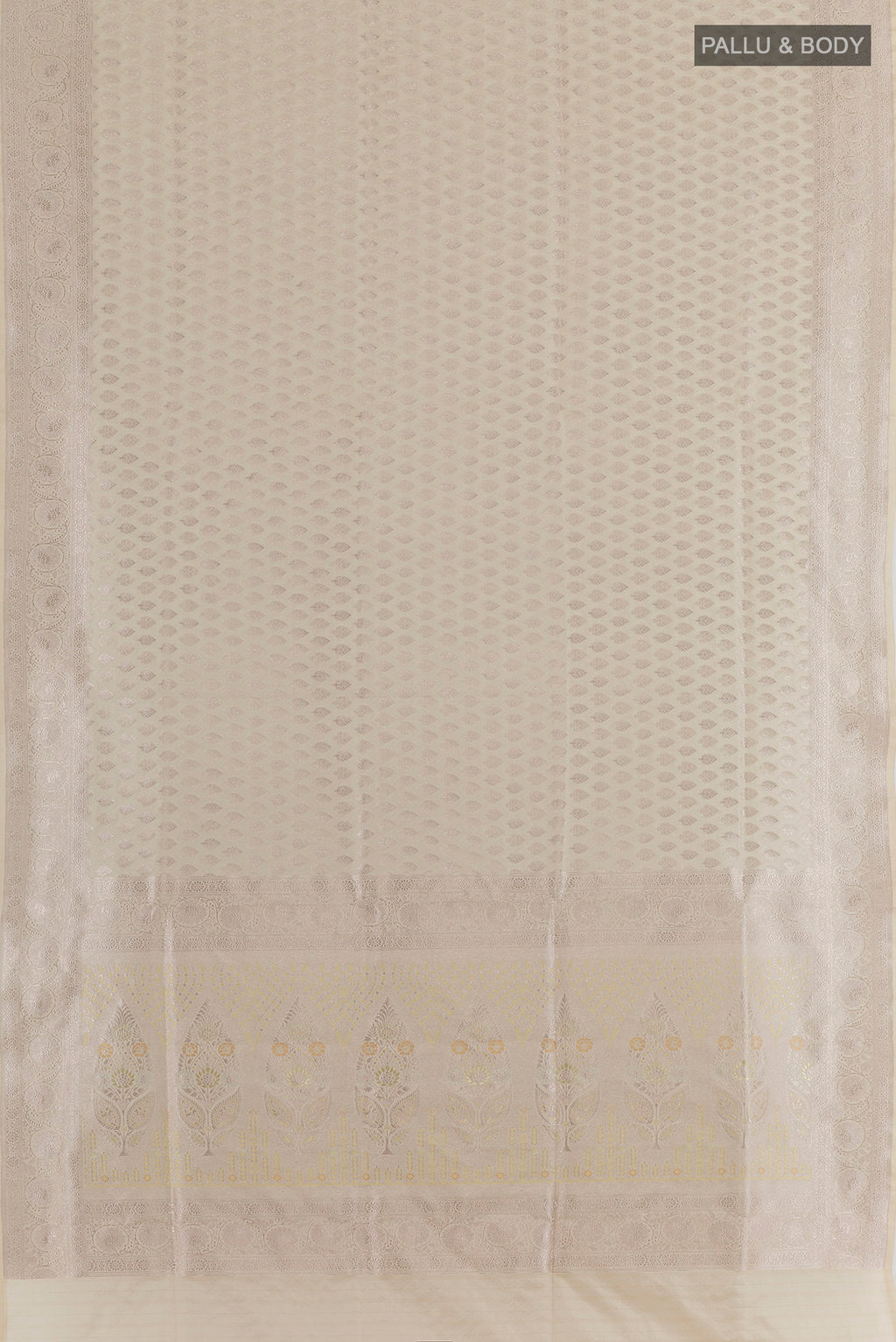 Flat view of Off White Banarasi Silk Saree with Zari Butta on the body and Zari Border. 