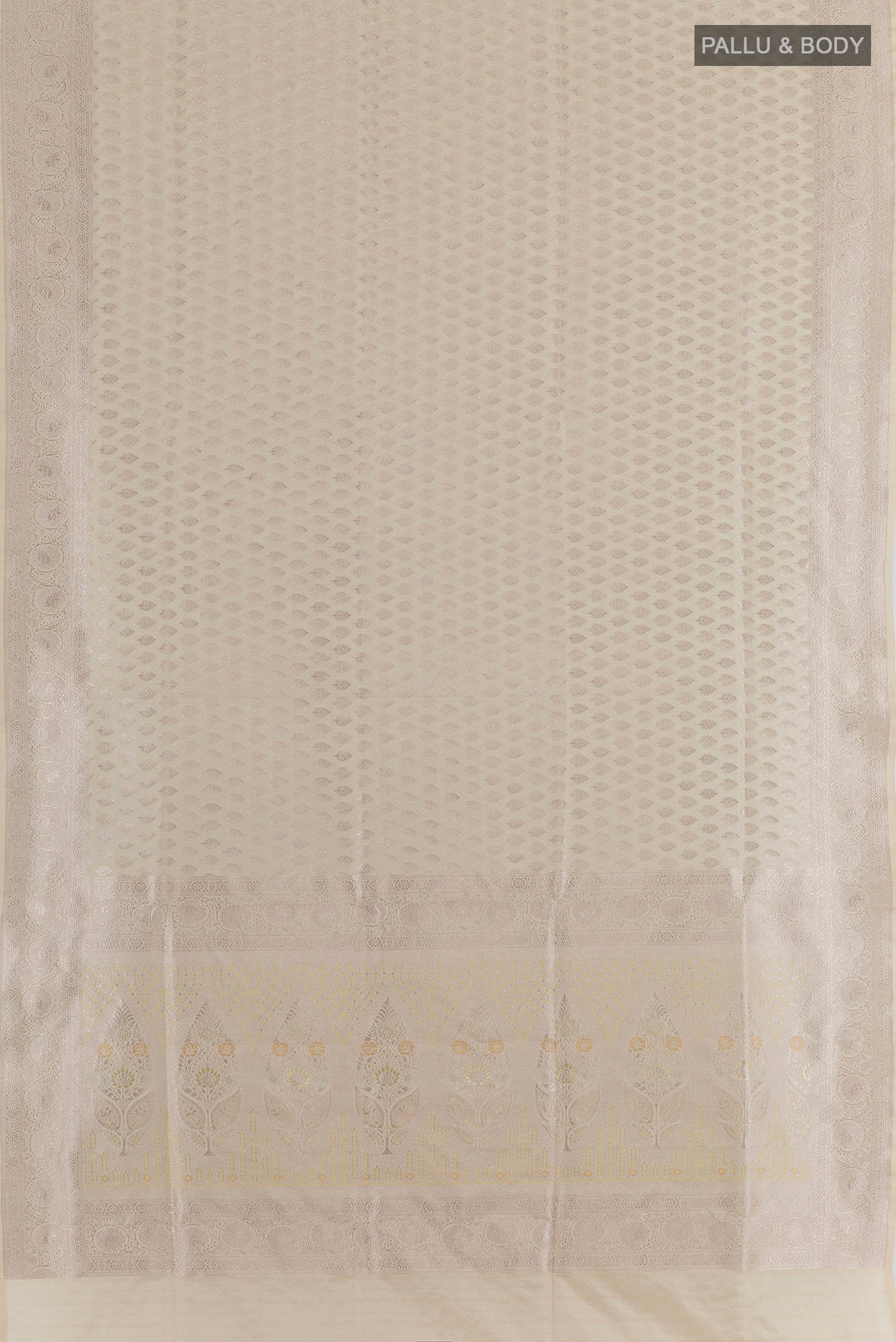 Flat view of Off White Banarasi Silk Saree with Zari Butta on the body and Zari Border. 