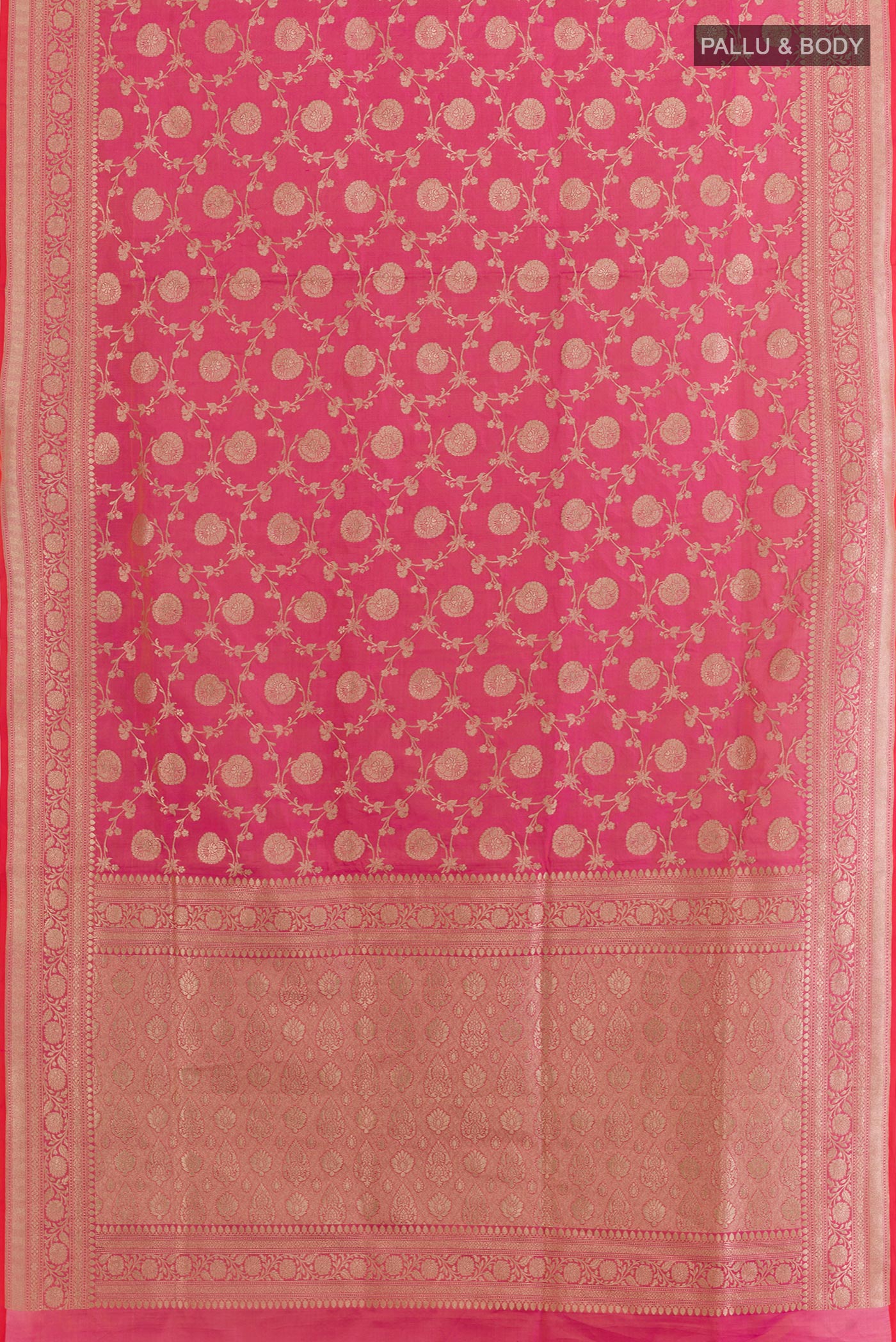 Flat view of Pink Banarasi Silk Saree with Zari Brocade on the body and Zari Border. 