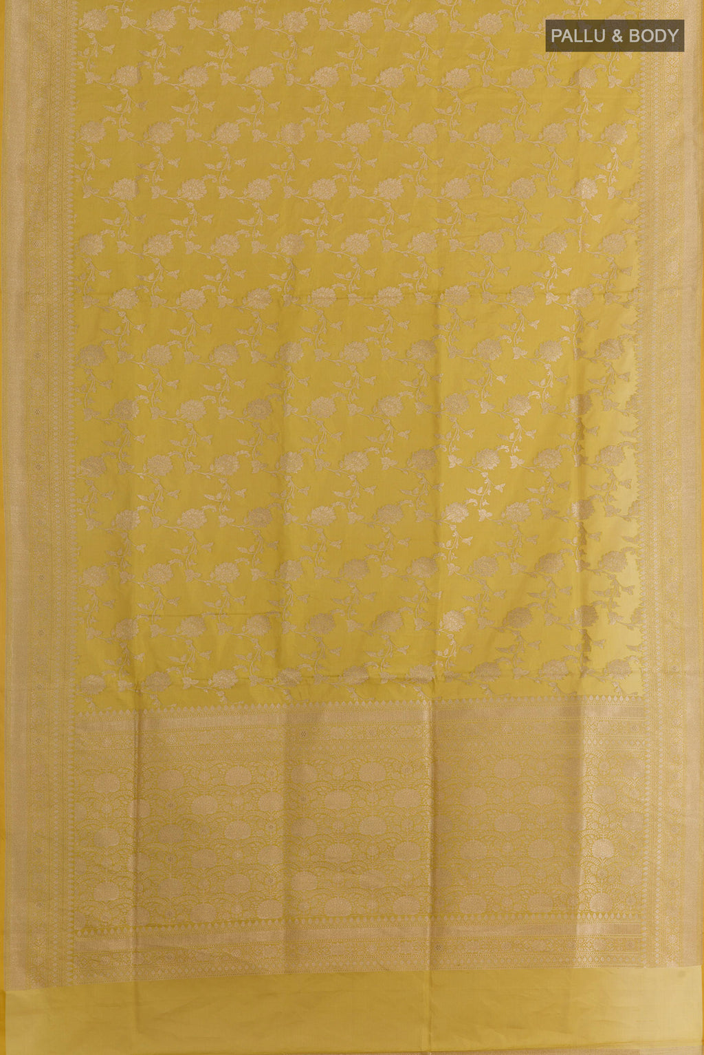 Flat view of Pure Silk Yellow Banarasi Saree with Zari Brocade on the body and Zari Border. 