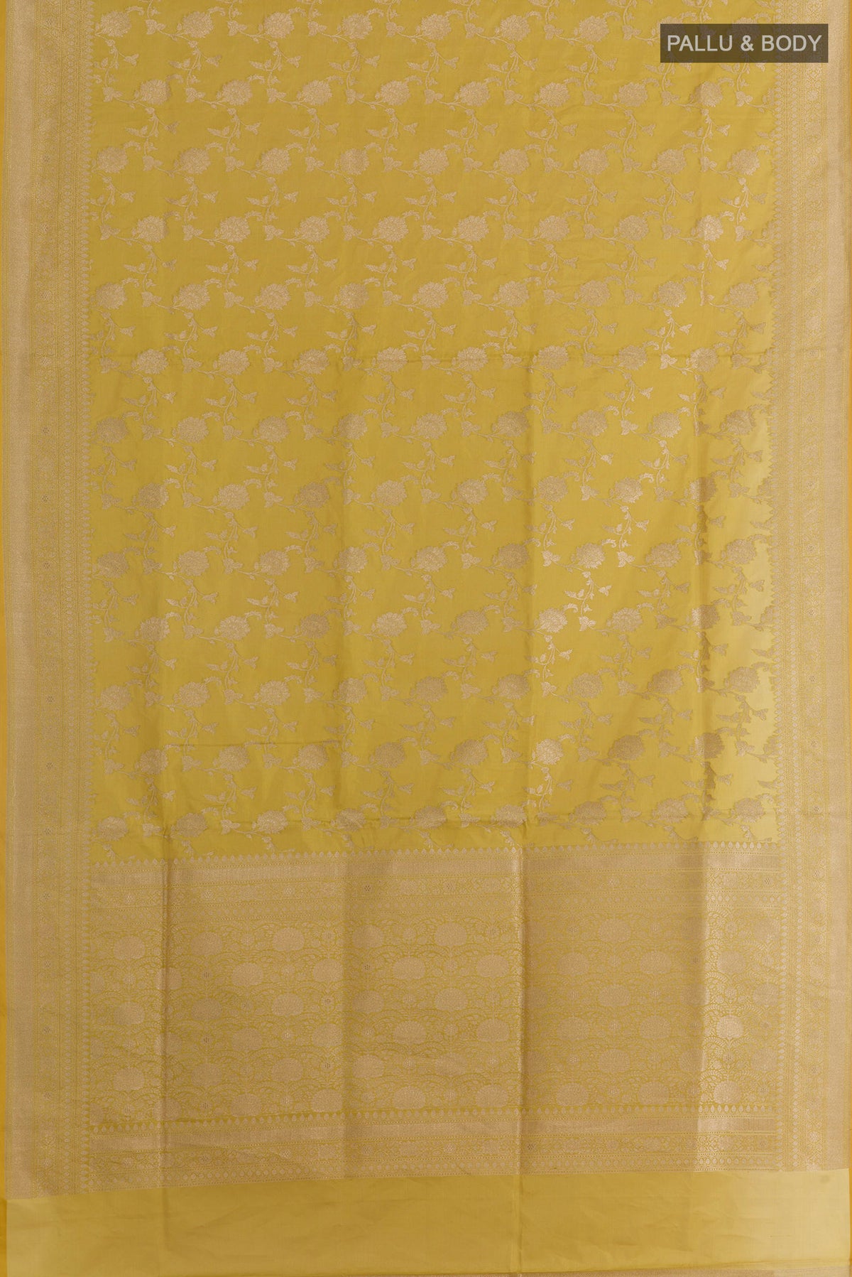 Flat view of Pure Silk Yellow Banarasi Saree with Zari Brocade on the body and Zari Border. 