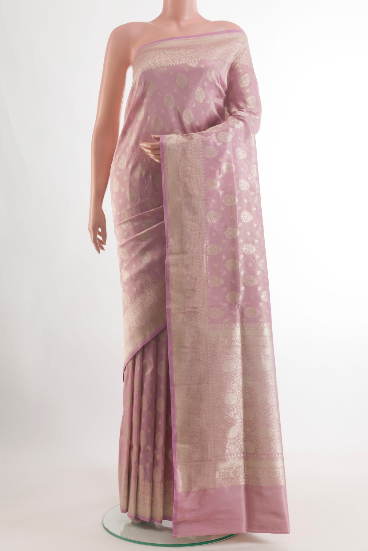 Pink Banarasi Tissue Silk Saree with Zari Butta on the body and Zari Border.  displayed on a mannequin