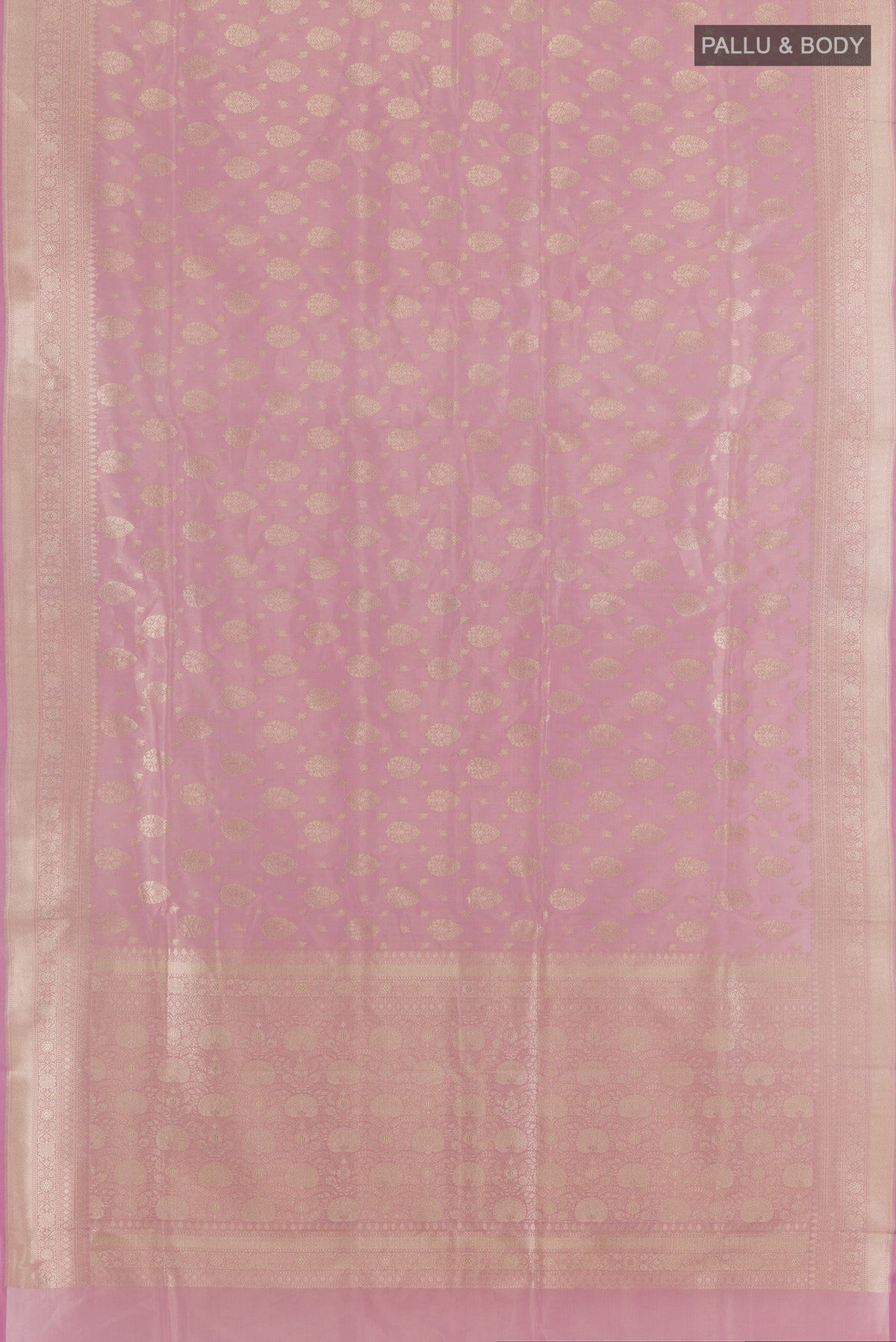 Flat view of Pink Banarasi Tissue Silk Saree with Zari Butta on the body and Zari Border. 