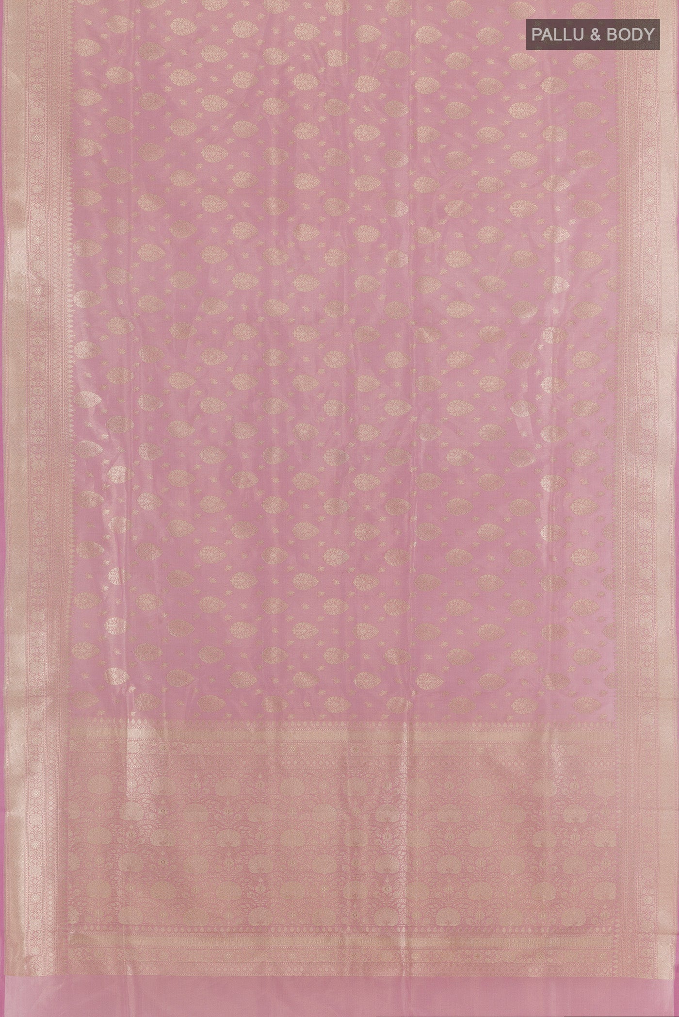Flat view of Pink Banarasi Tissue Silk Saree with Zari Butta on the body and Zari Border. 