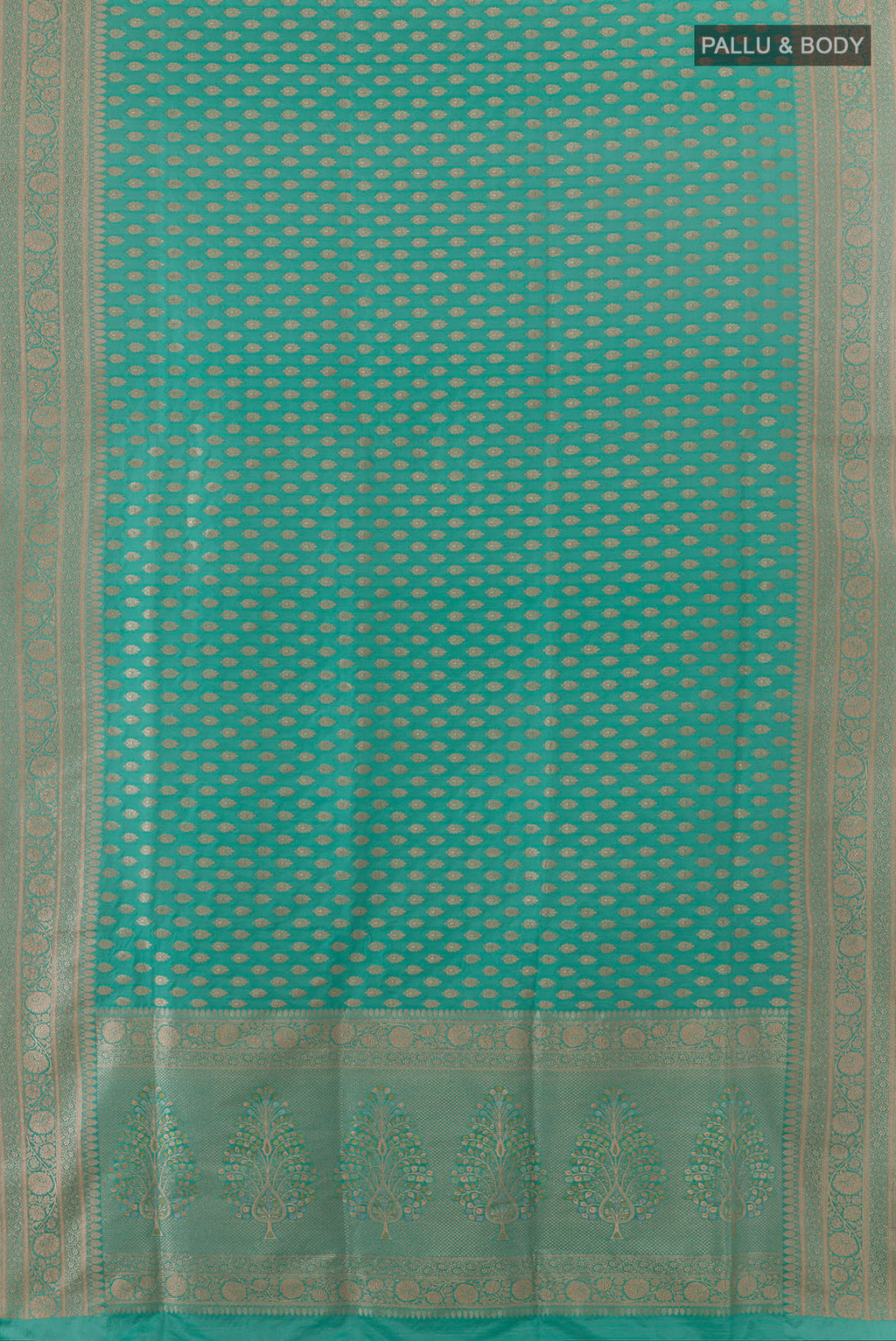 Flat view of Pure Silk Sea Green Banarasi Saree with Zari Butta on the body and Zari Border. 
