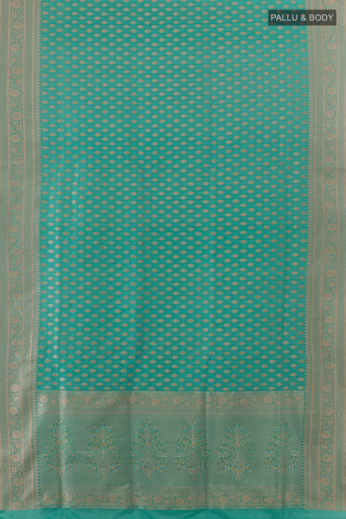 Flat view of Pure Silk Sea Green Banarasi Saree with Zari Butta on the body and Zari Border. 
