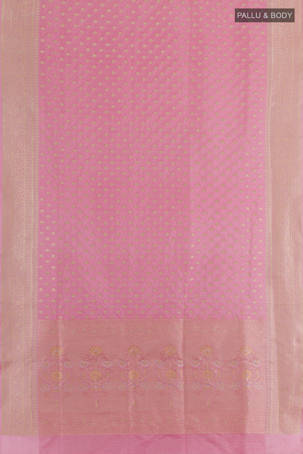 Flat view of Pink Banarasi Silk Saree with Zari Butta on the body and Zari Border. 