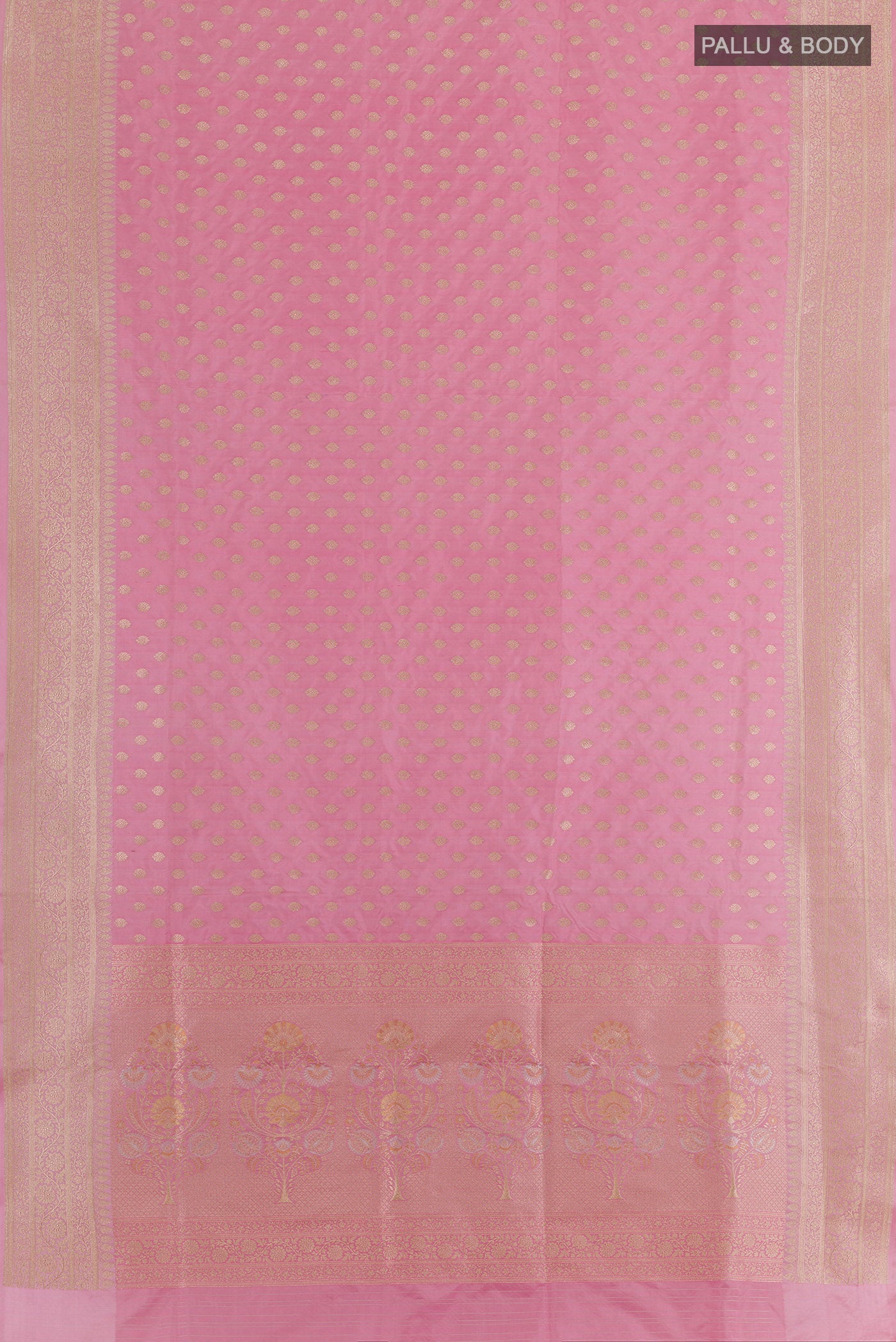 Flat view of Pink Banarasi Silk Saree with Zari Butta on the body and Zari Border. 